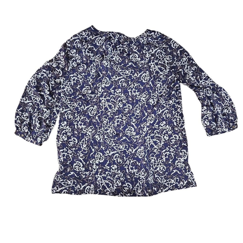 Banana Republic Women L Blue Paisley Print Workwear Top Elbow Sleeve Coastal